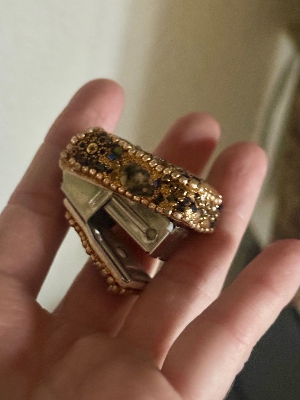 Vintage Gold Crystal Gems sparkly Beaded rhinestone mini stapler